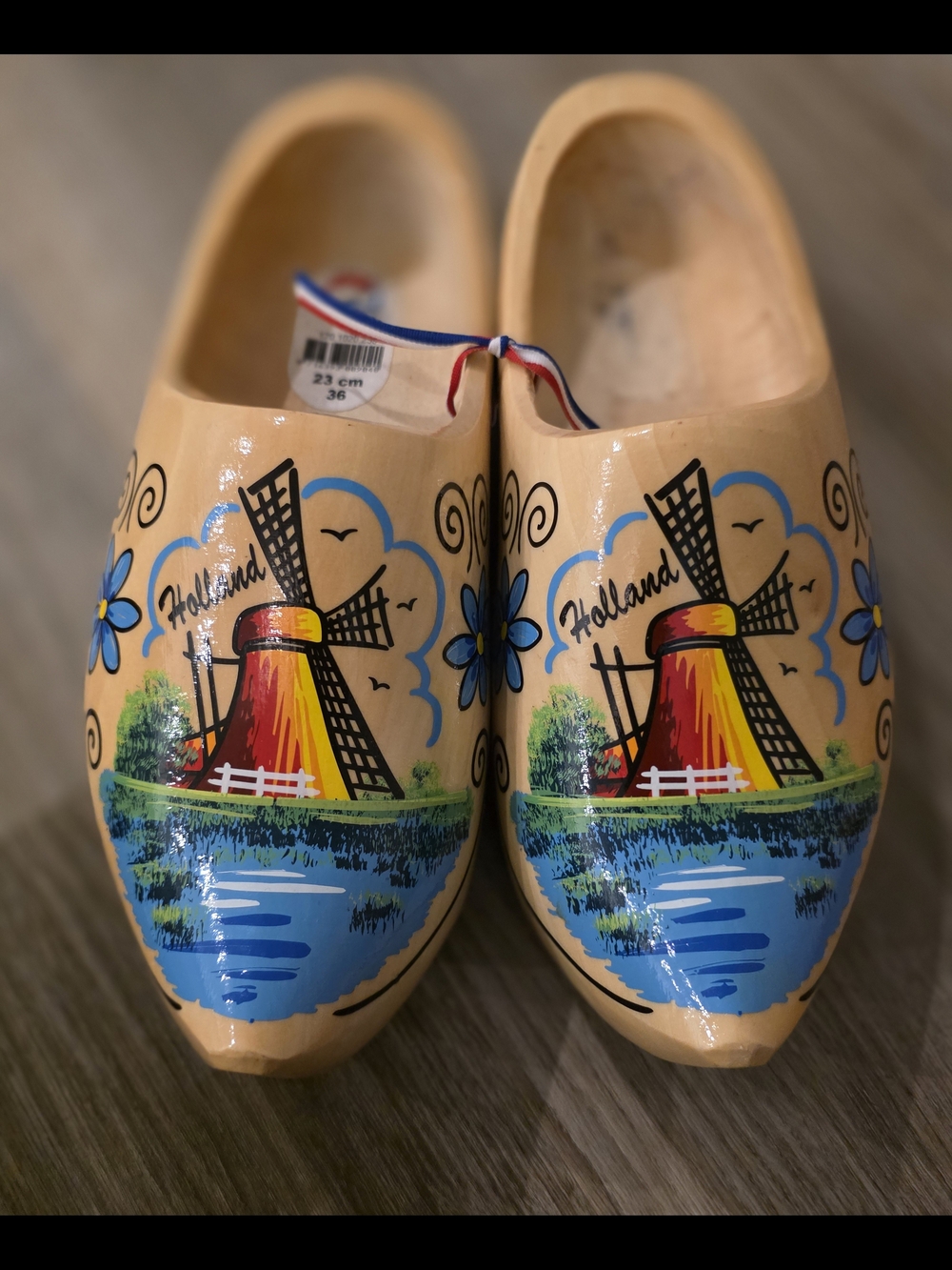 Holland Wooden Clogs Beige with Blue & Red Windmill Design